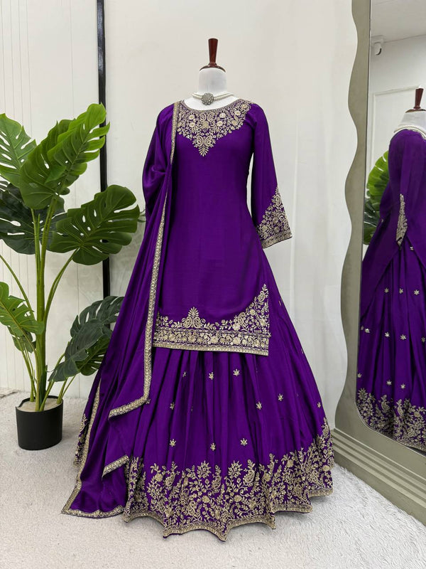 Function Wear Purple Color Soft Chinon Silk Beautiful Thread Embroidery With Sequin Work Lehenga Suit