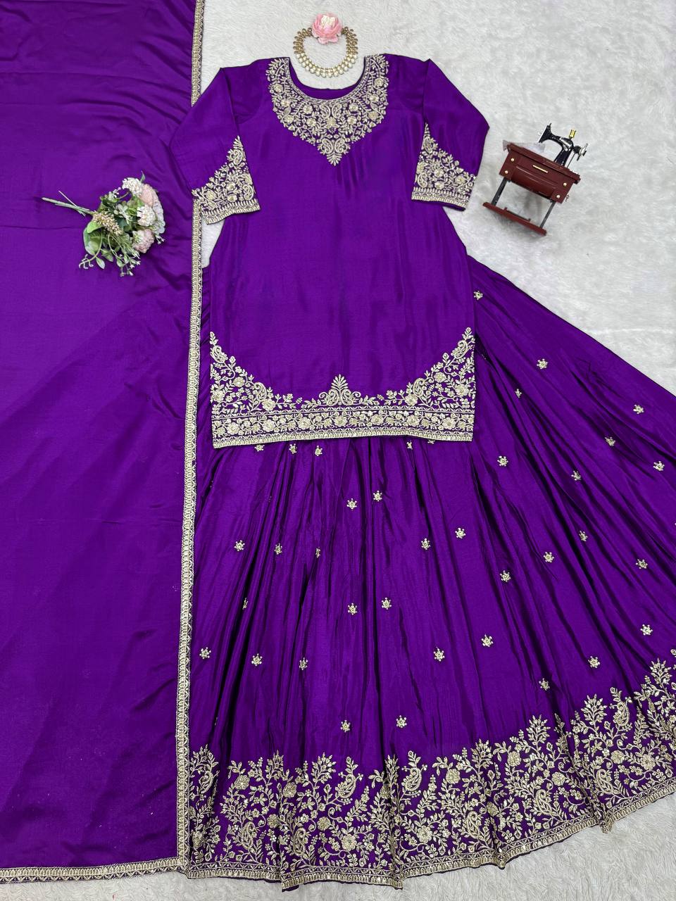Function Wear Purple Color Soft Chinon Silk Beautiful Thread Embroidery With Sequin Work Lehenga Suit