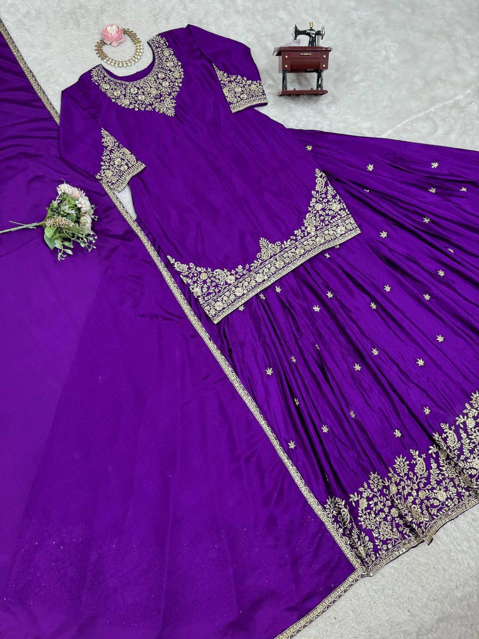 Function Wear Purple Color Soft Chinon Silk Beautiful Thread Embroidery With Sequin Work Lehenga Suit