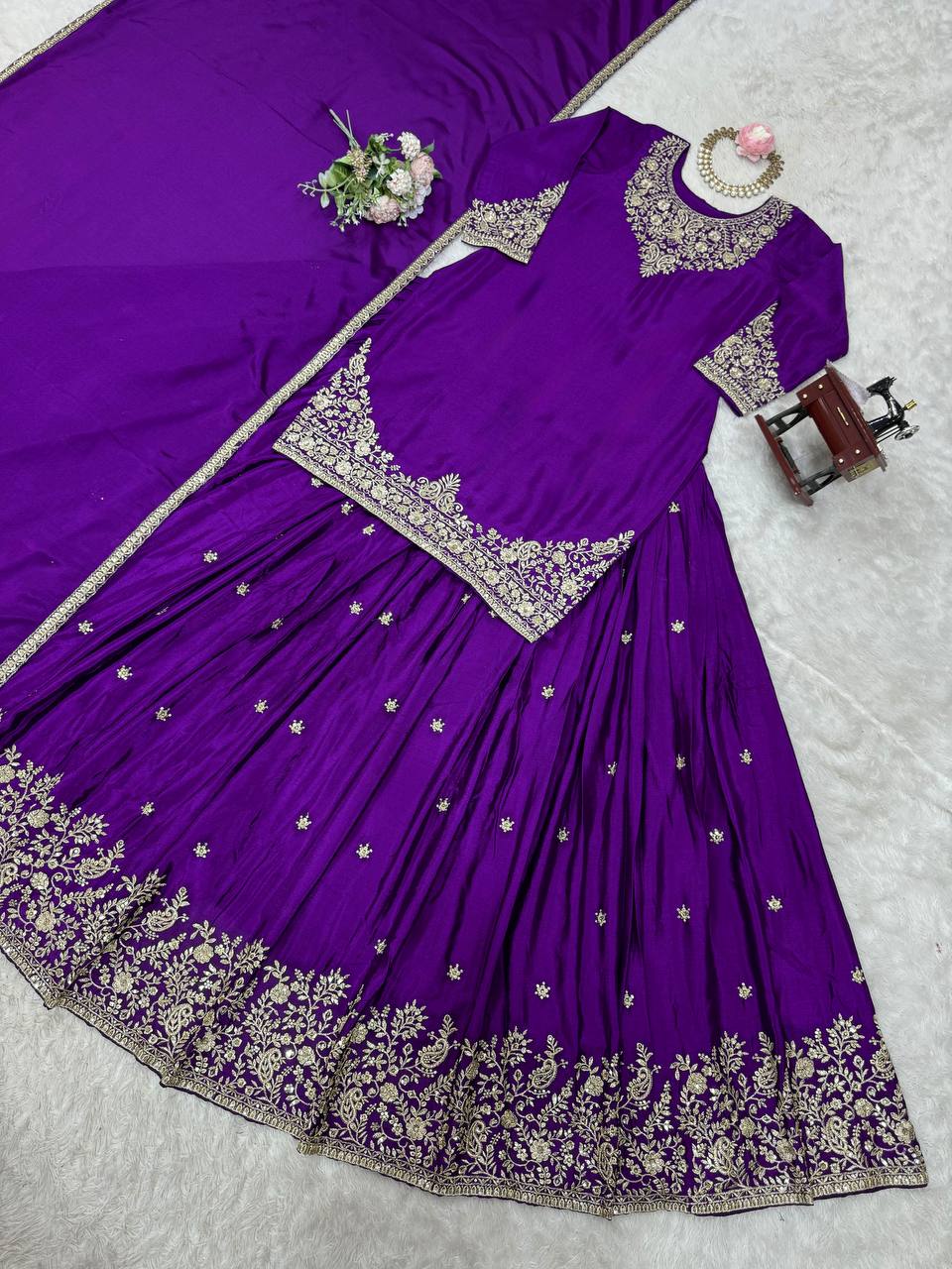 Function Wear Purple Color Soft Chinon Silk Beautiful Thread Embroidery With Sequin Work Lehenga Suit