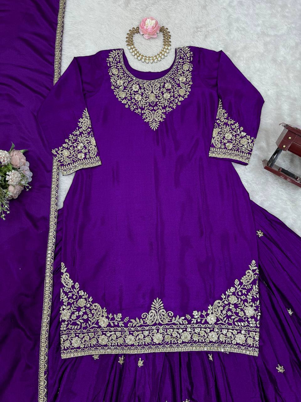 Function Wear Purple Color Soft Chinon Silk Beautiful Thread Embroidery With Sequin Work Lehenga Suit