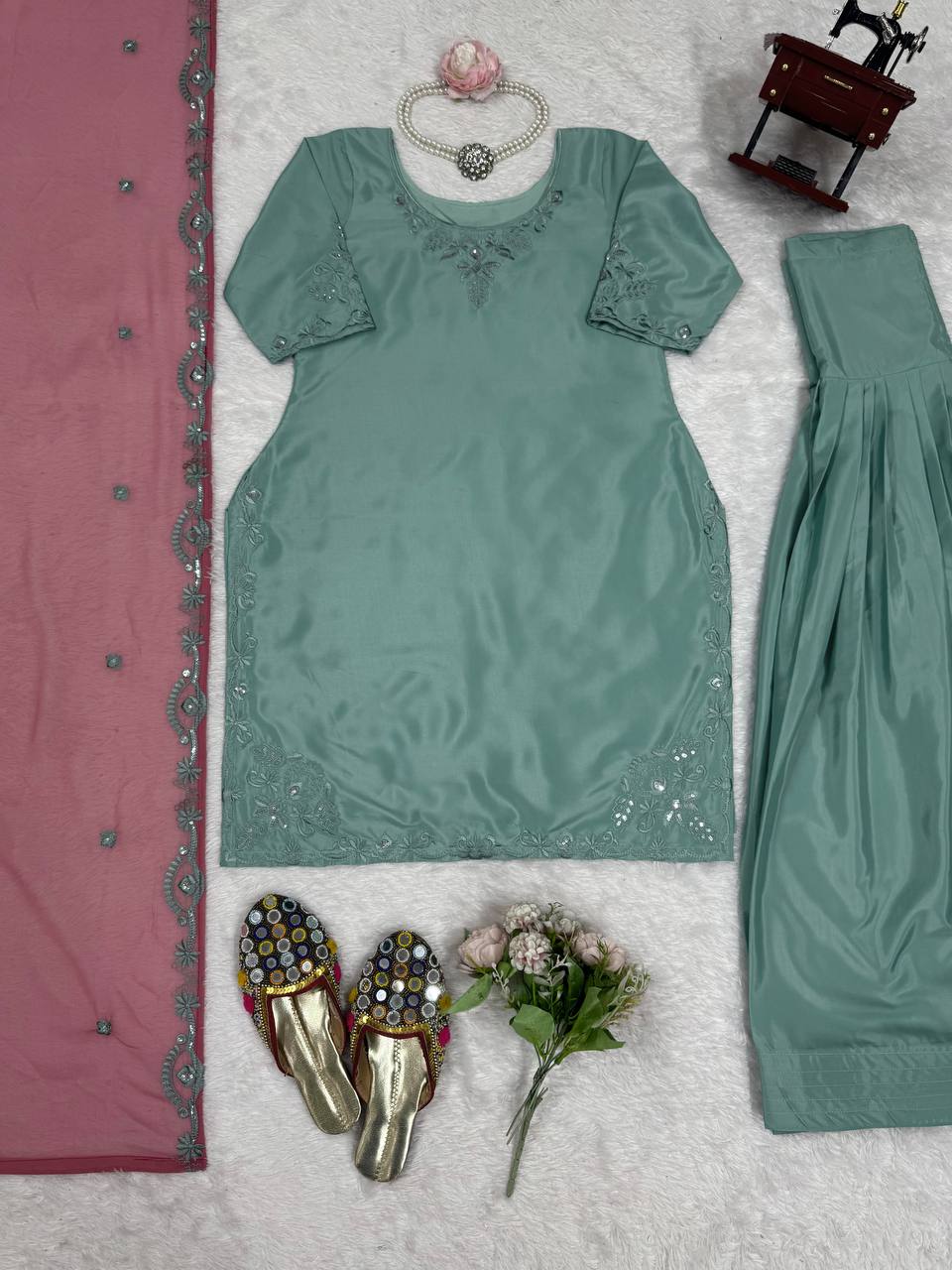 Festive Wear Soft Natural Crepe With Delicate Thread Embroidery Work Palazzo Salwar Suit