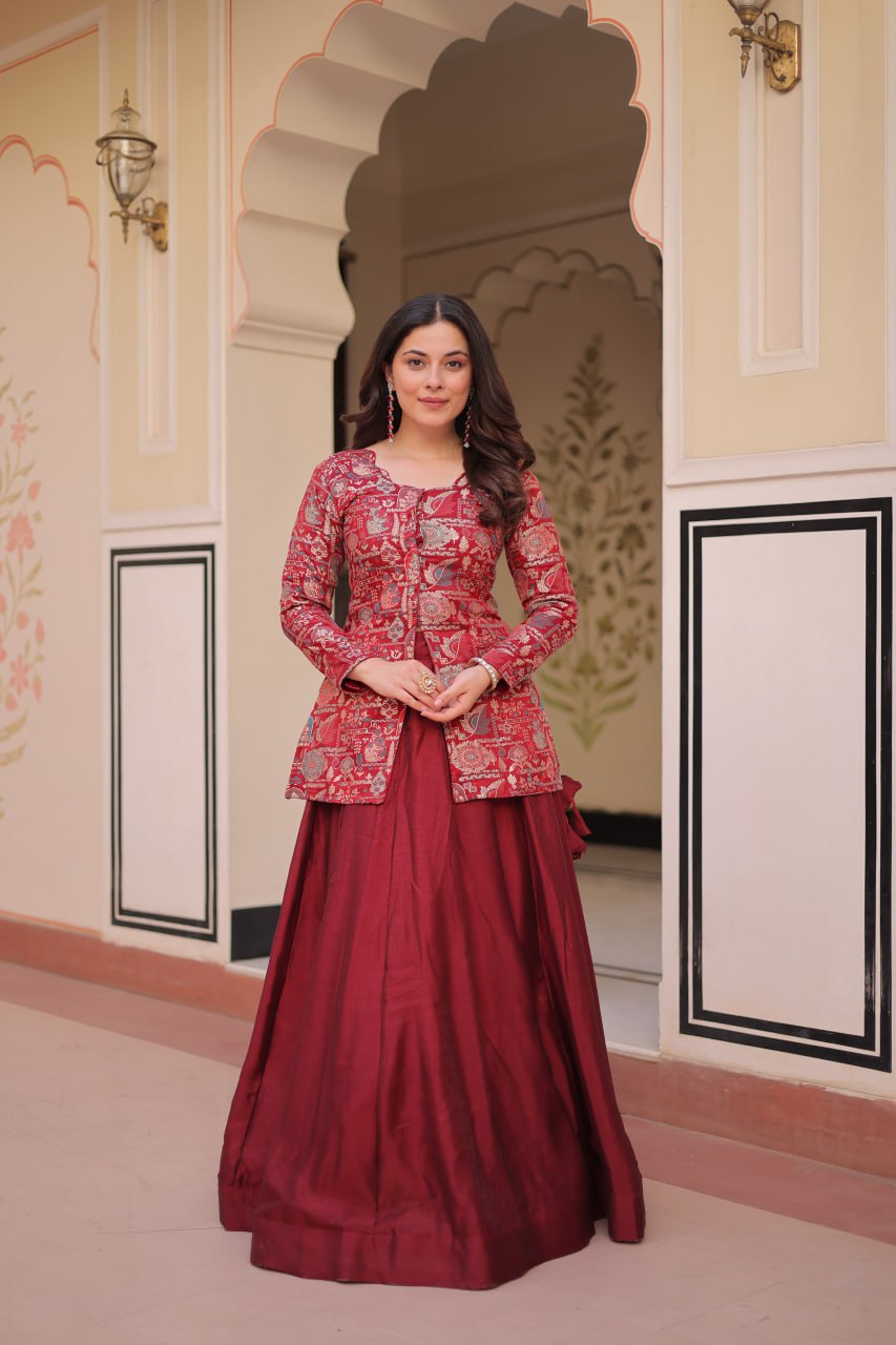 Designer Festive Wear Maroon Color Vichitra SIlk Lehenga With Jacquard Top