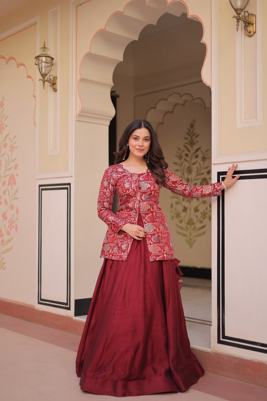 Designer Festive Wear Maroon Color Vichitra SIlk Lehenga With Jacquard Top