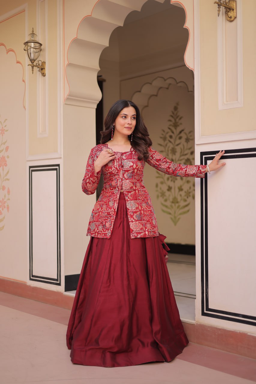 Designer Festive Wear Maroon Color Vichitra SIlk Lehenga With Jacquard Top