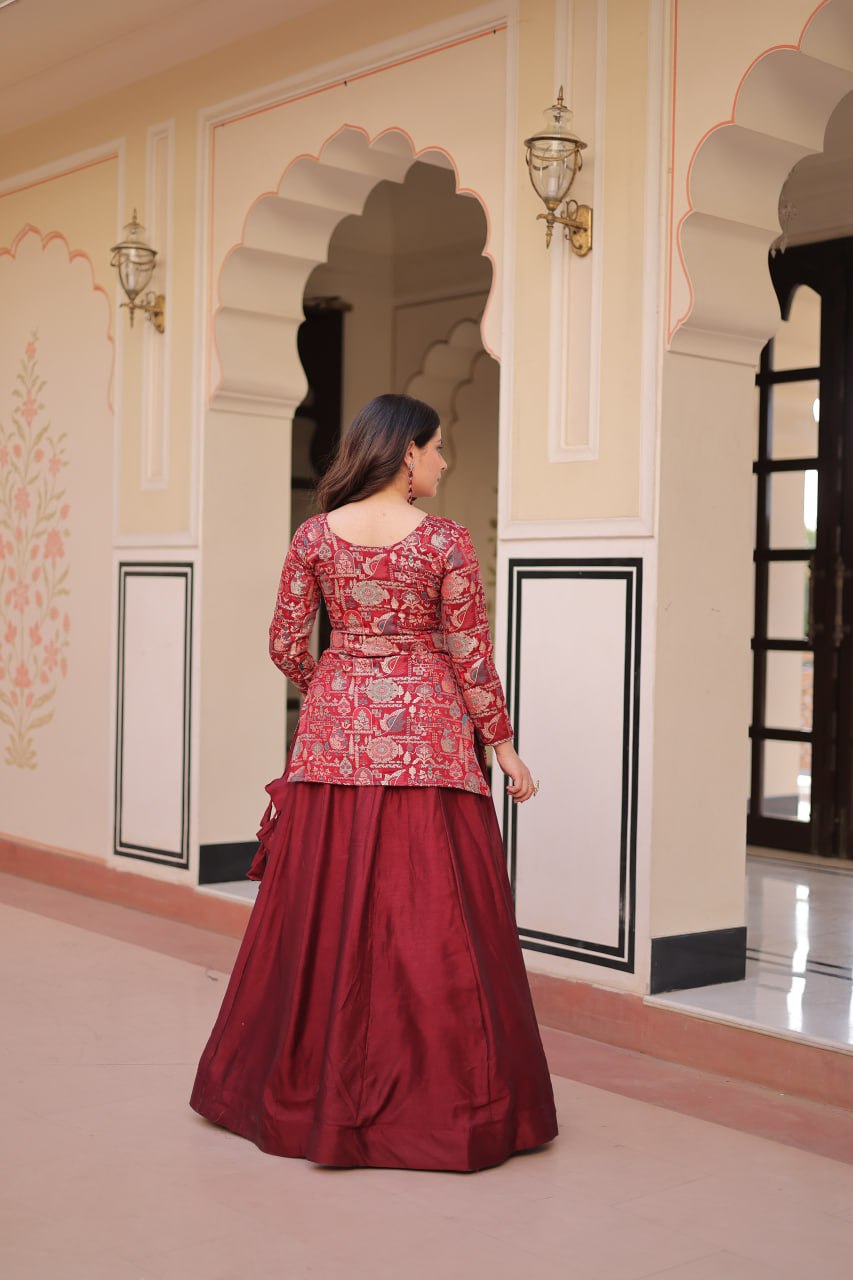Designer Festive Wear Maroon Color Vichitra SIlk Lehenga With Jacquard Top