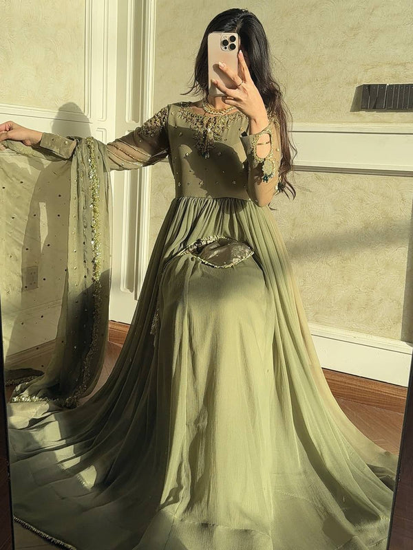 Gorgeous Green Color Embroidered Faux Georgette Gown Set with Dupatta & Bottom