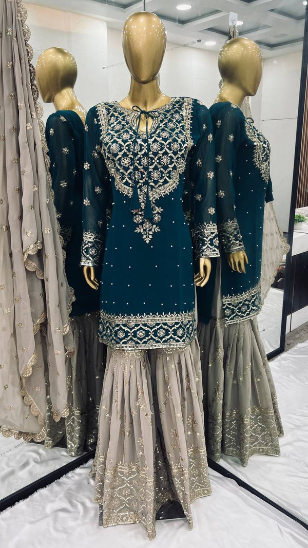 Wedding Wear Teal Blue Color Heavy Faux Georgette With 5mm Embroidery Sequence Work Sharara Suit