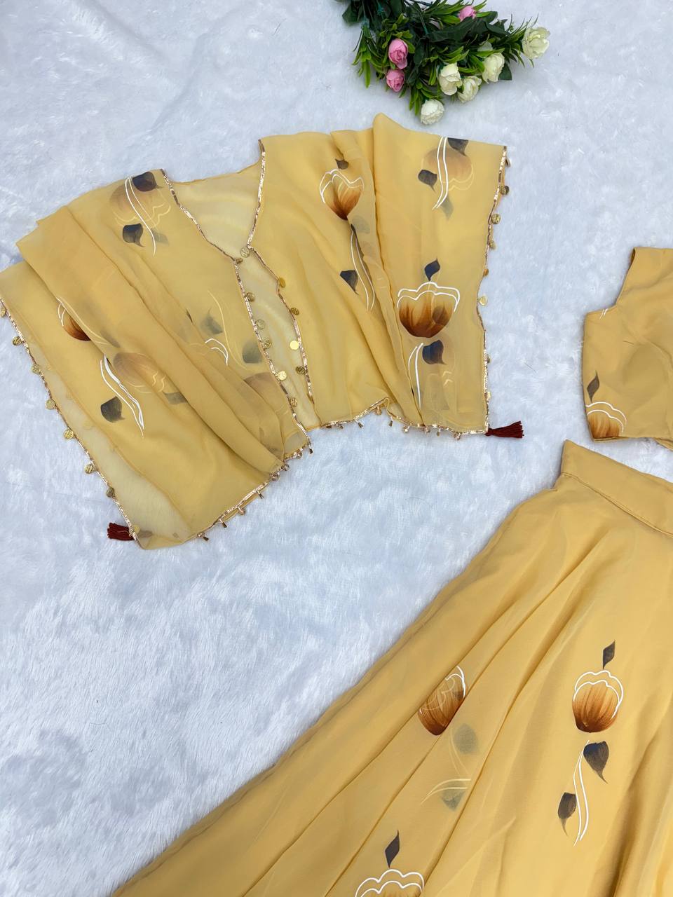 Party Wear Yellow Color Premium Georgette Fully Stitch Ready To Wear Lehenga Choli