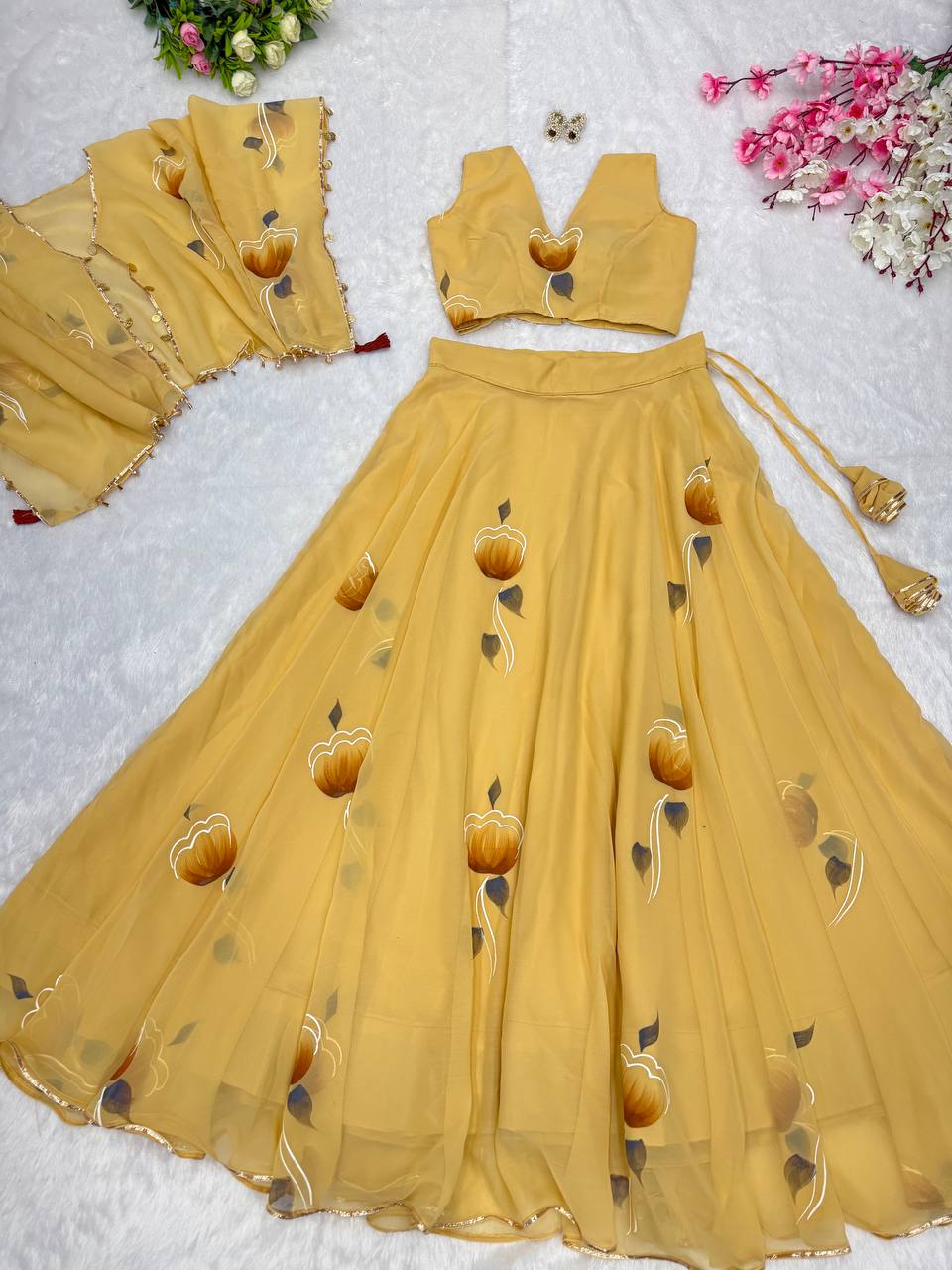 Party Wear Yellow Color Premium Georgette Fully Stitch Ready To Wear Lehenga Choli