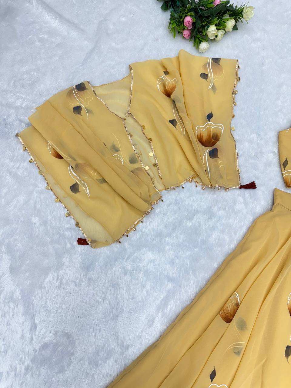 Party Wear Yellow Color Premium Georgette Fully Stitch Ready To Wear Lehenga Choli
