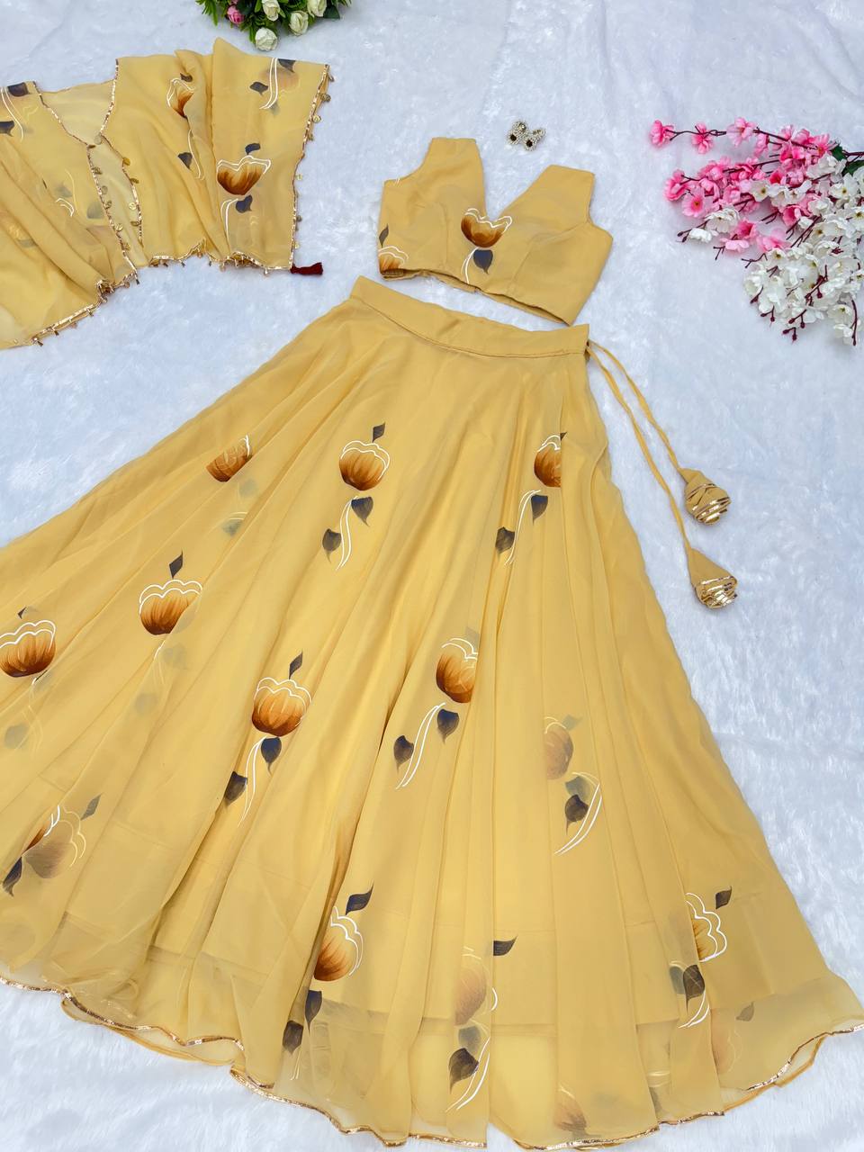 Party Wear Yellow Color Premium Georgette Fully Stitch Ready To Wear Lehenga Choli