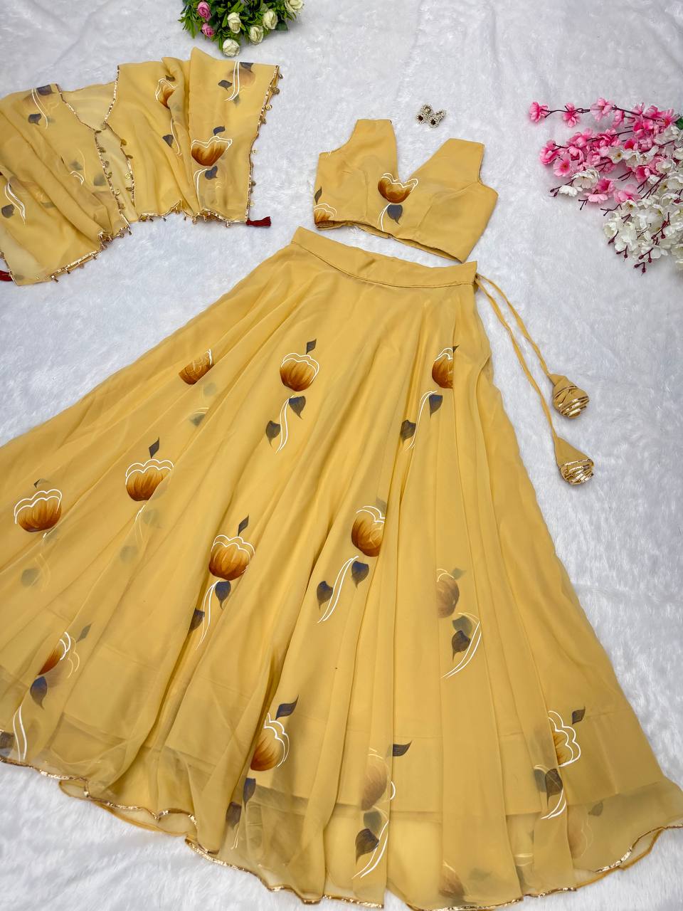 Party Wear Yellow Color Premium Georgette Fully Stitch Ready To Wear Lehenga Choli