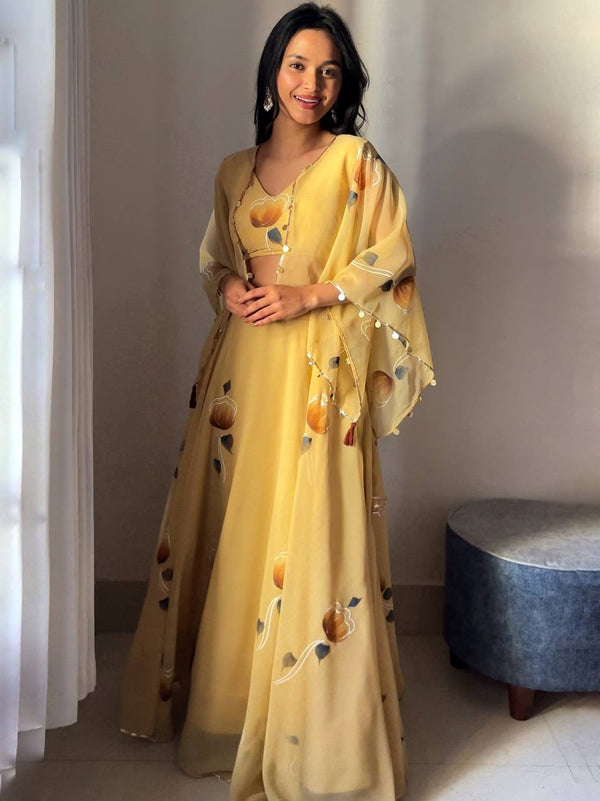 Party Wear Yellow Color Premium Georgette Fully Stitch Ready To Wear Lehenga Choli