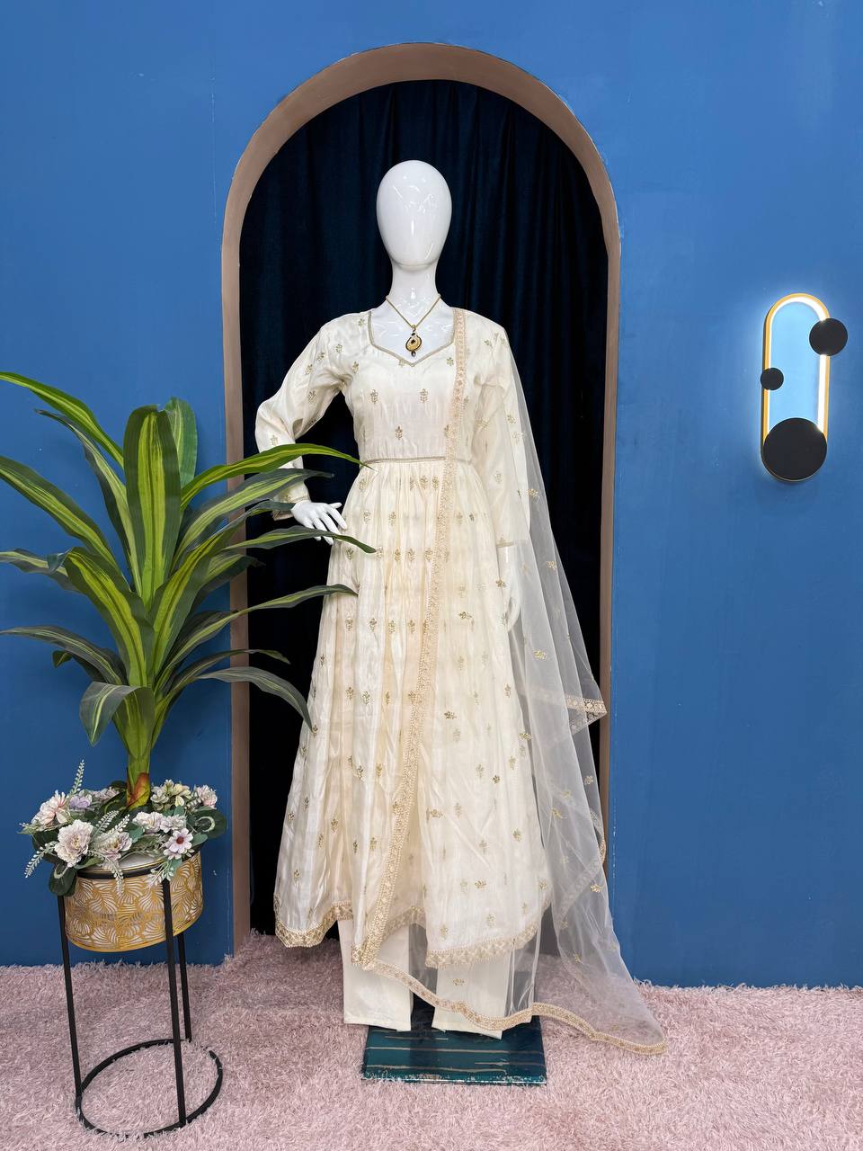 Good Looking Off White Color Chimmar With Embroidery Work Designer Anarkali Suit