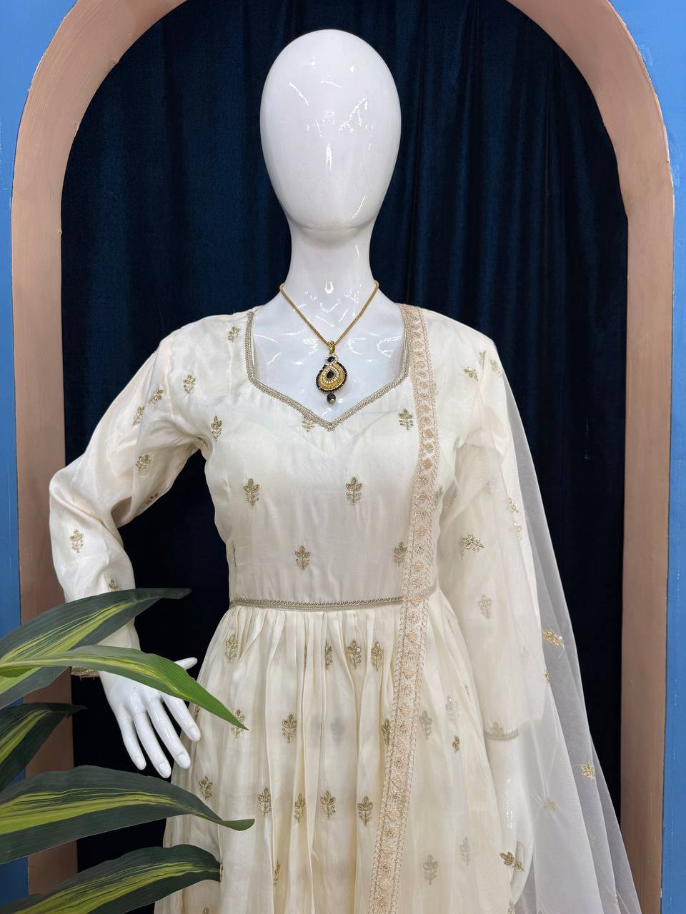 Good Looking Off White Color Chimmar With Embroidery Work Designer Anarkali Suit