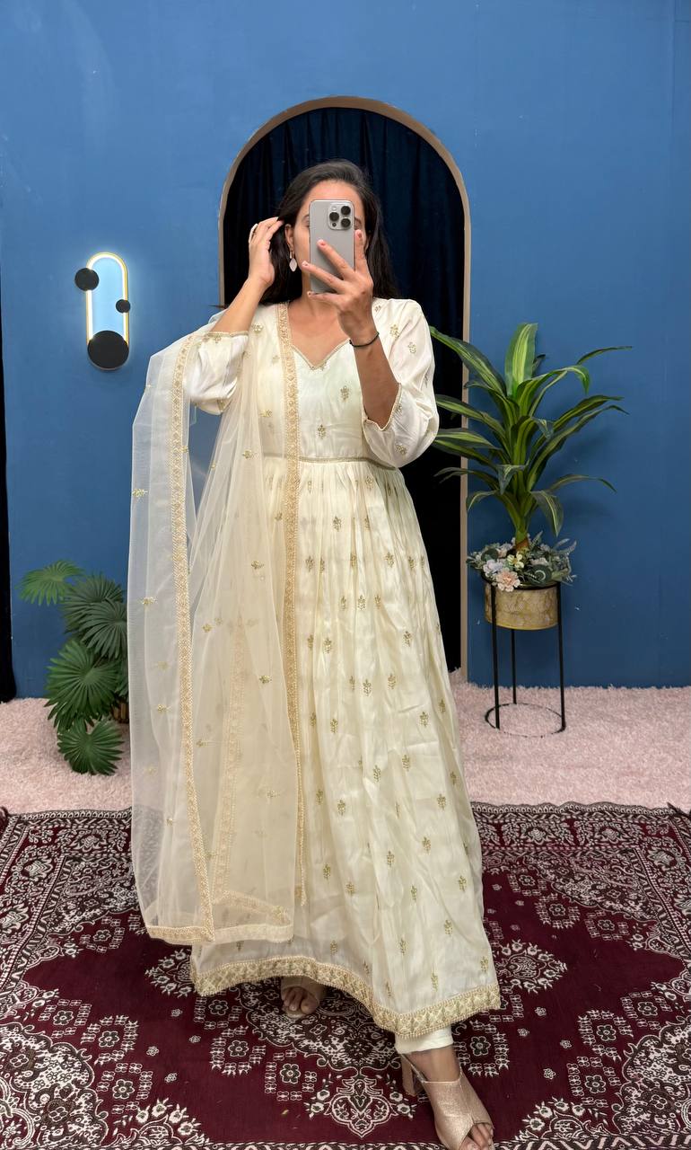 Good Looking Off White Color Chimmar With Embroidery Work Designer Anarkali Suit