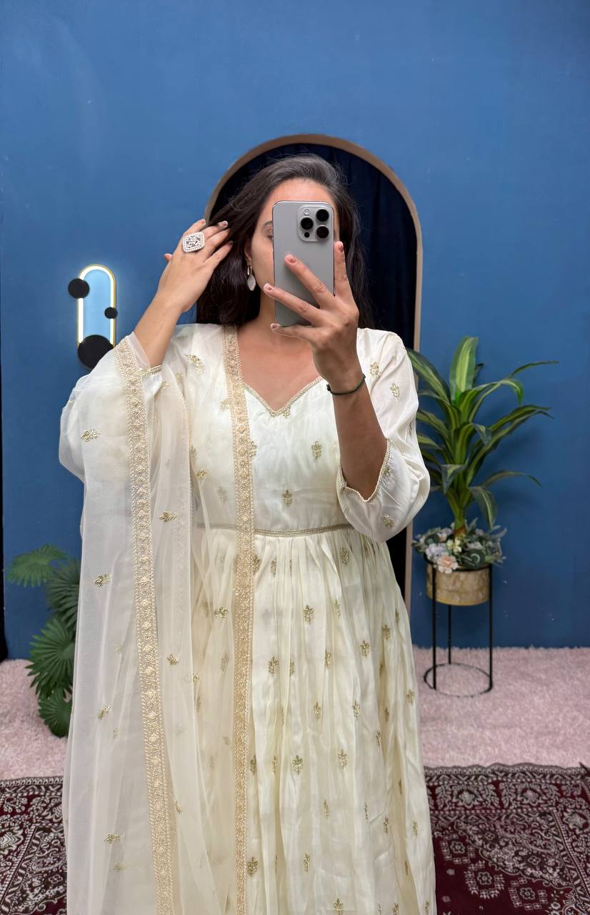 Good Looking Off White Color Chimmar With Embroidery Work Designer Anarkali Suit