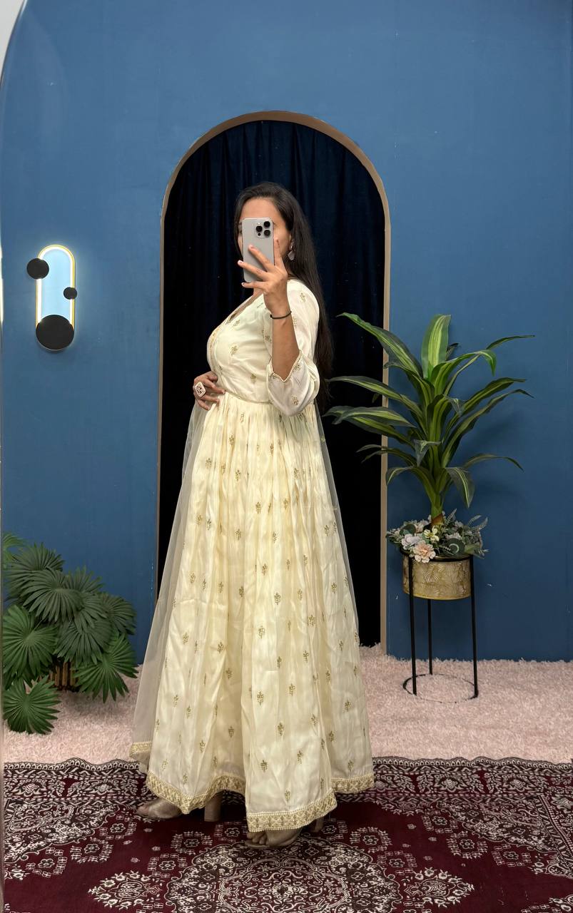 Good Looking Off White Color Chimmar With Embroidery Work Designer Anarkali Suit