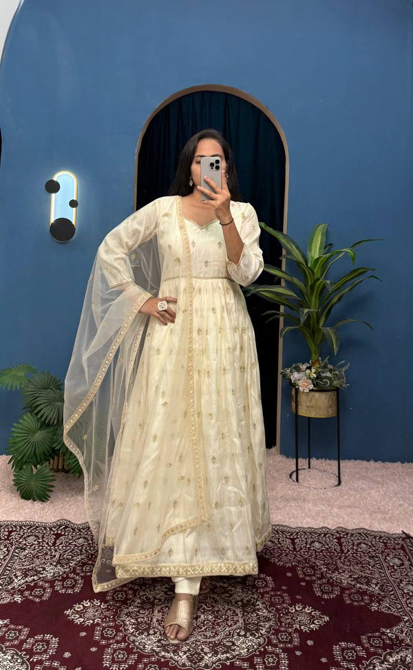 Good Looking Off White Color Chimmar With Embroidery Work Designer Anarkali Suit