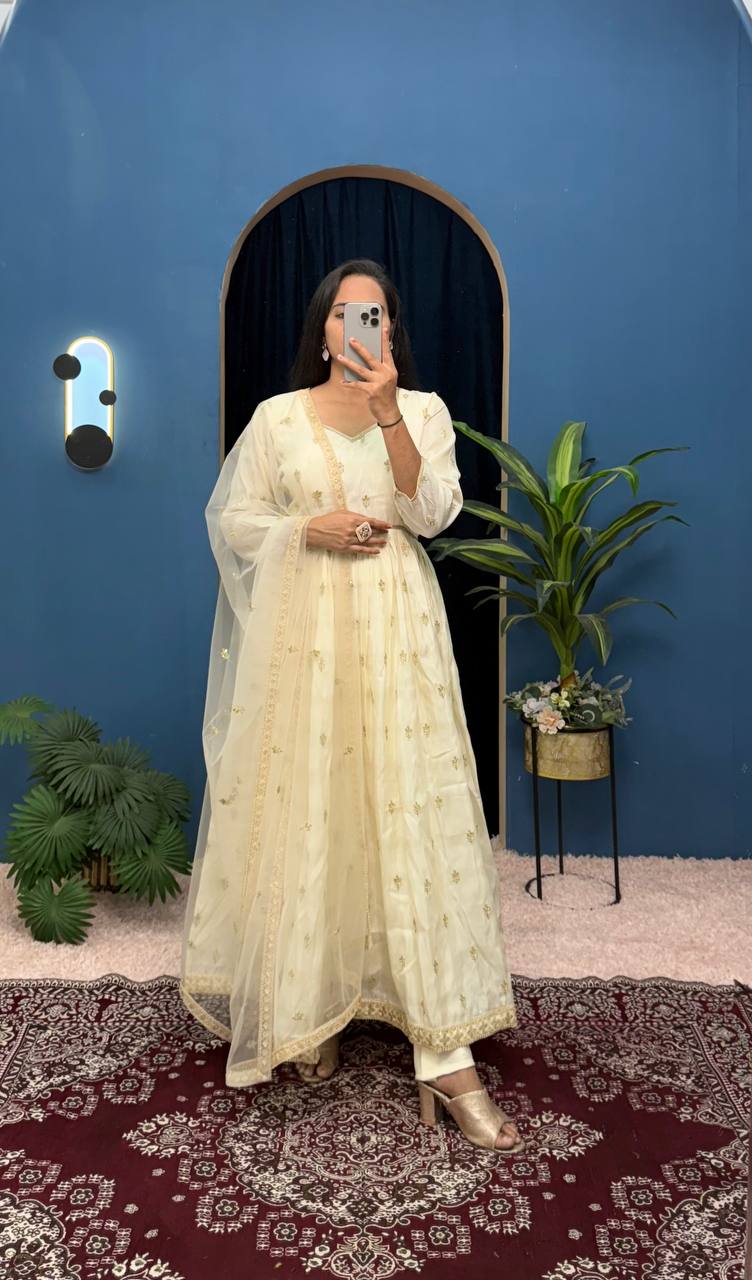 Good Looking Off White Color Chimmar With Embroidery Work Designer Anarkali Suit