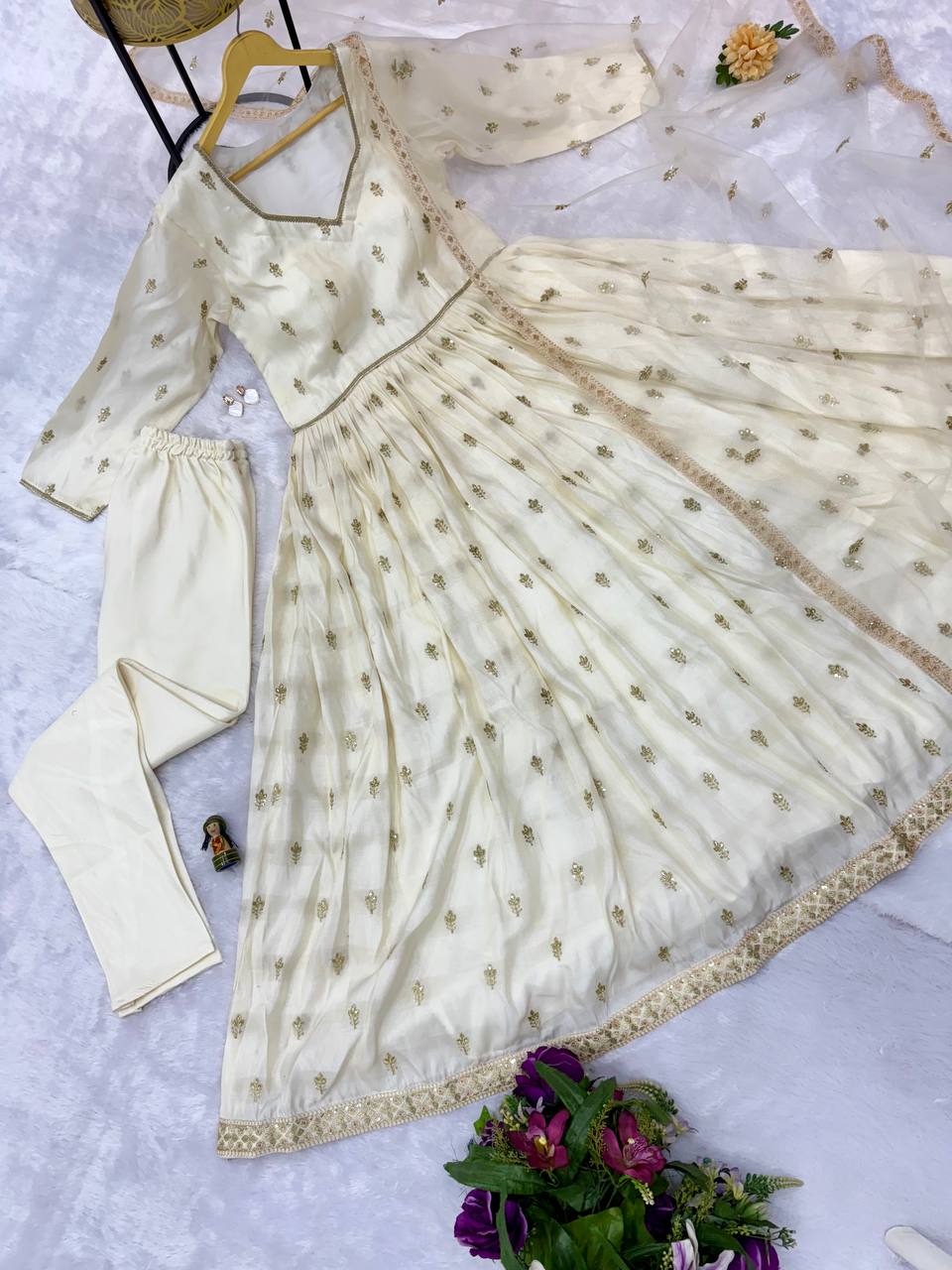 Good Looking Off White Color Chimmar With Embroidery Work Designer Anarkali Suit