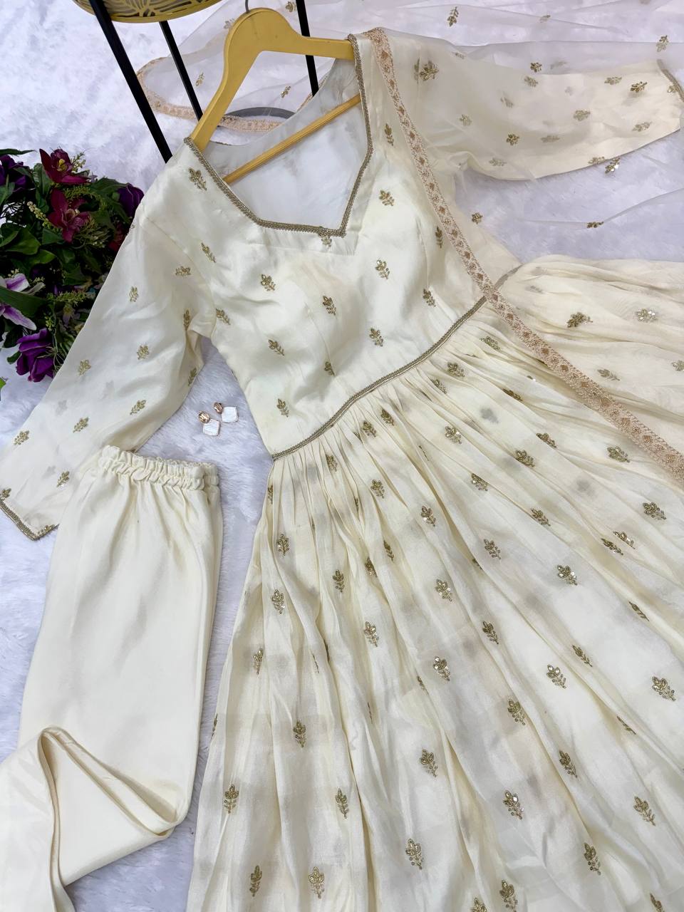 Good Looking Off White Color Chimmar With Embroidery Work Designer Anarkali Suit