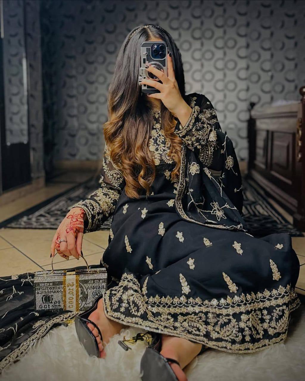 Heavy Embroidery Sequence Work Black Color Salwar Suit Set