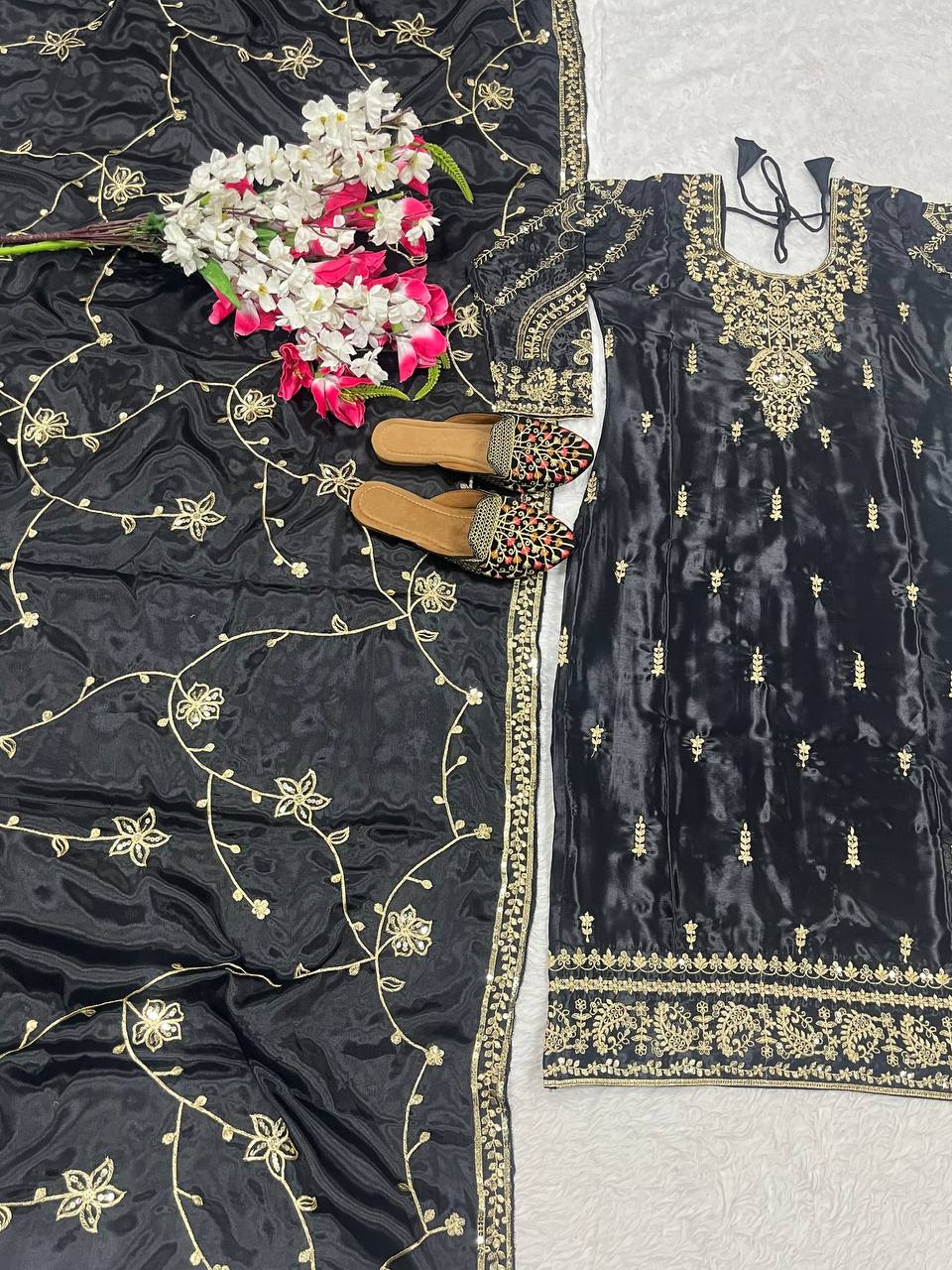 Heavy Embroidery Sequence Work Black Color Salwar Suit Set