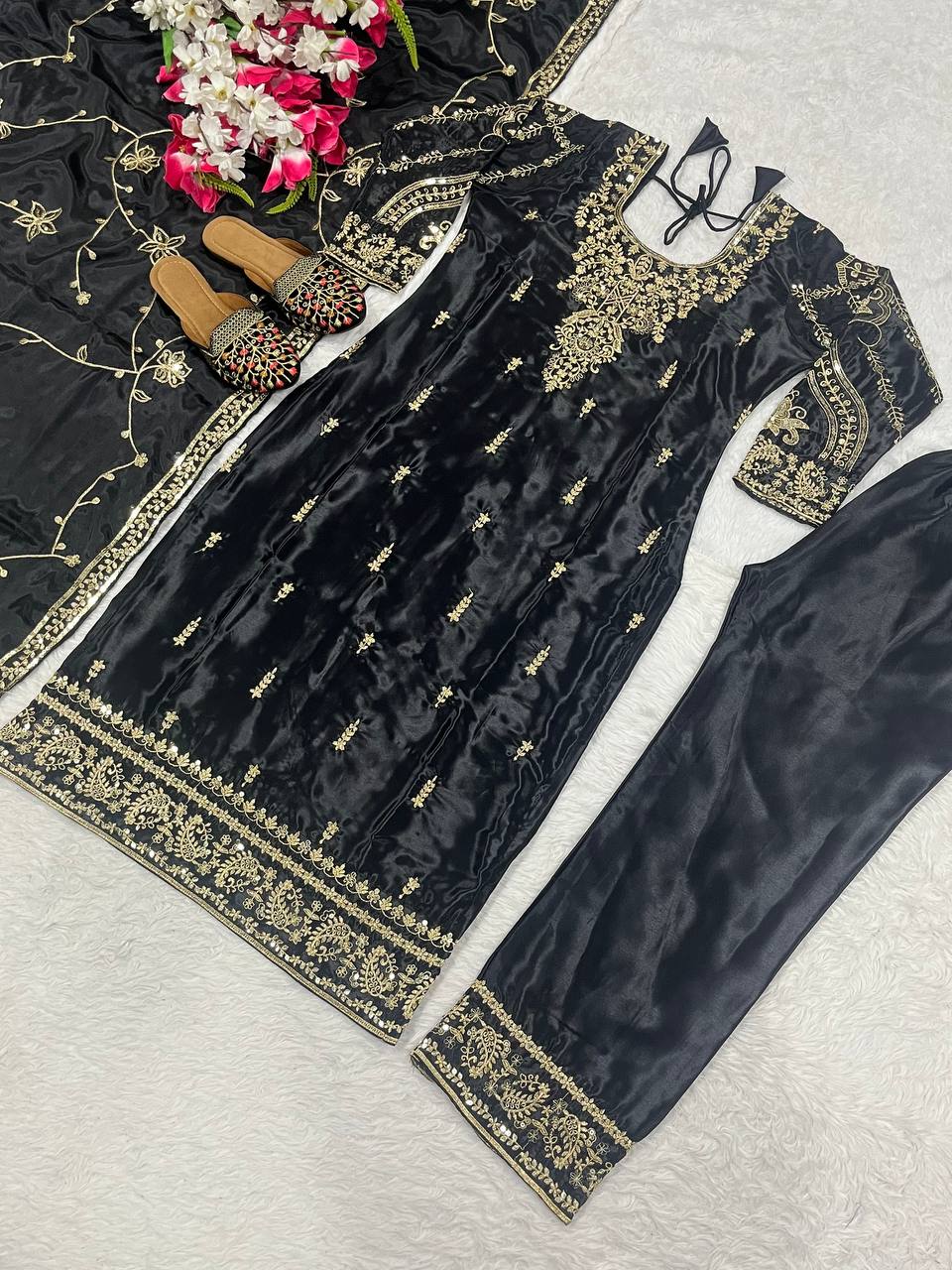Heavy Embroidery Sequence Work Black Color Salwar Suit Set