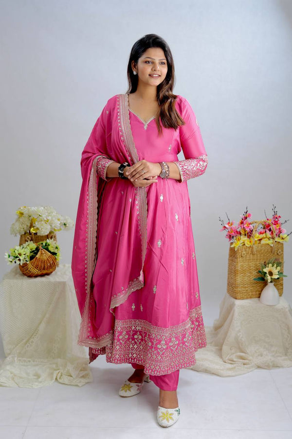 Gorgeous Pink Color Pure Natural Crepe with Heavy Embroidery Sequence Work Anarkali Gown