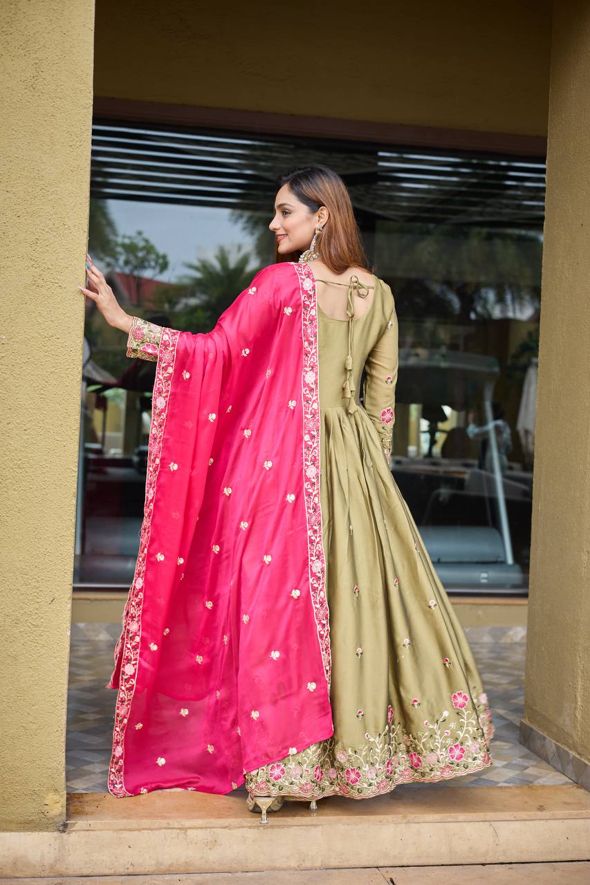 Occasion Wear Green Color Pure Rangoli Silk With Heavy Embroidery Sequence Work Beautiful Gown