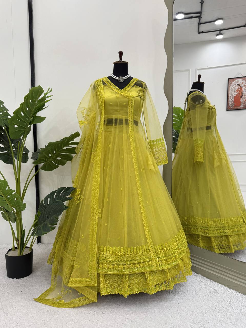 Sangeet Wear Lemon Yellow Color Premium Butterfly Net Thread Embroidery With Sequin Work Lehenga Suit