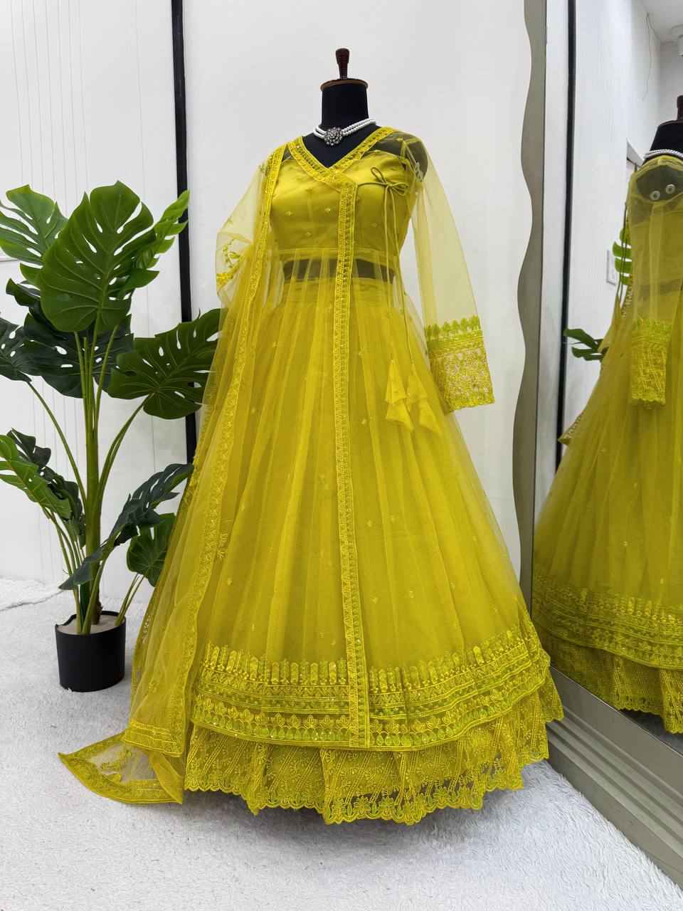 Sangeet Wear Lemon Yellow Color Premium Butterfly Net Thread Embroidery With Sequin Work Lehenga Suit