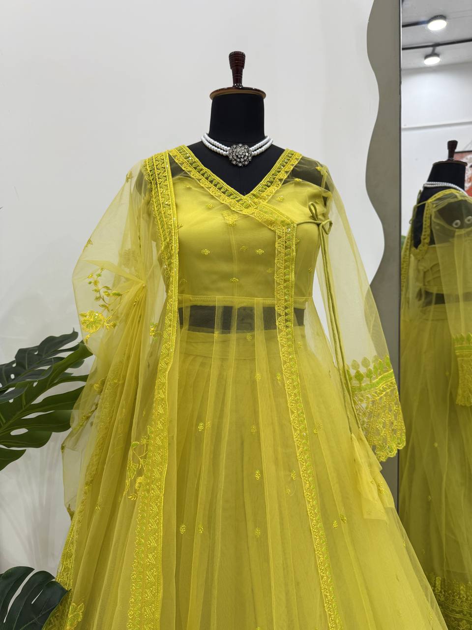 Sangeet Wear Lemon Yellow Color Premium Butterfly Net Thread Embroidery With Sequin Work Lehenga Suit
