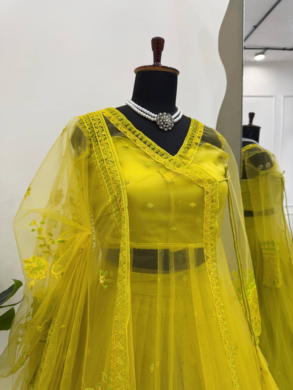 Sangeet Wear Lemon Yellow Color Premium Butterfly Net Thread Embroidery With Sequin Work Lehenga Suit