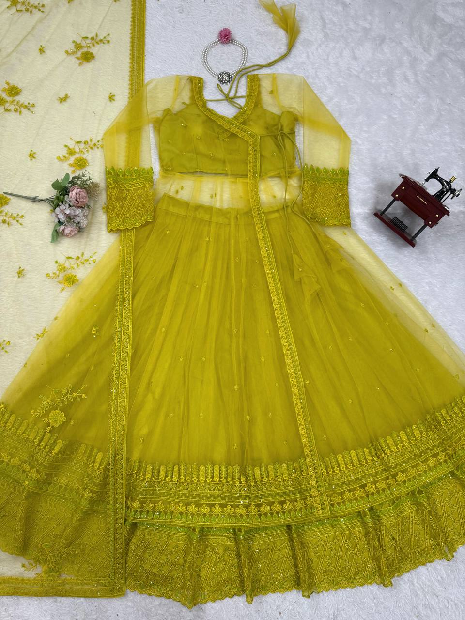 Sangeet Wear Lemon Yellow Color Premium Butterfly Net Thread Embroidery With Sequin Work Lehenga Suit