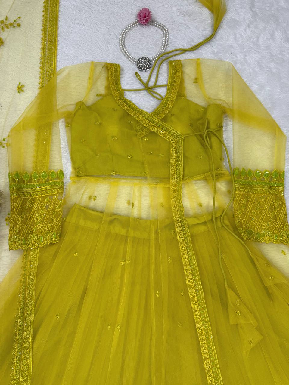 Sangeet Wear Lemon Yellow Color Premium Butterfly Net Thread Embroidery With Sequin Work Lehenga Suit