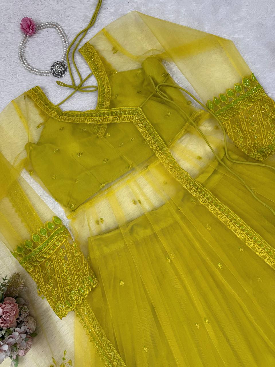Sangeet Wear Lemon Yellow Color Premium Butterfly Net Thread Embroidery With Sequin Work Lehenga Suit