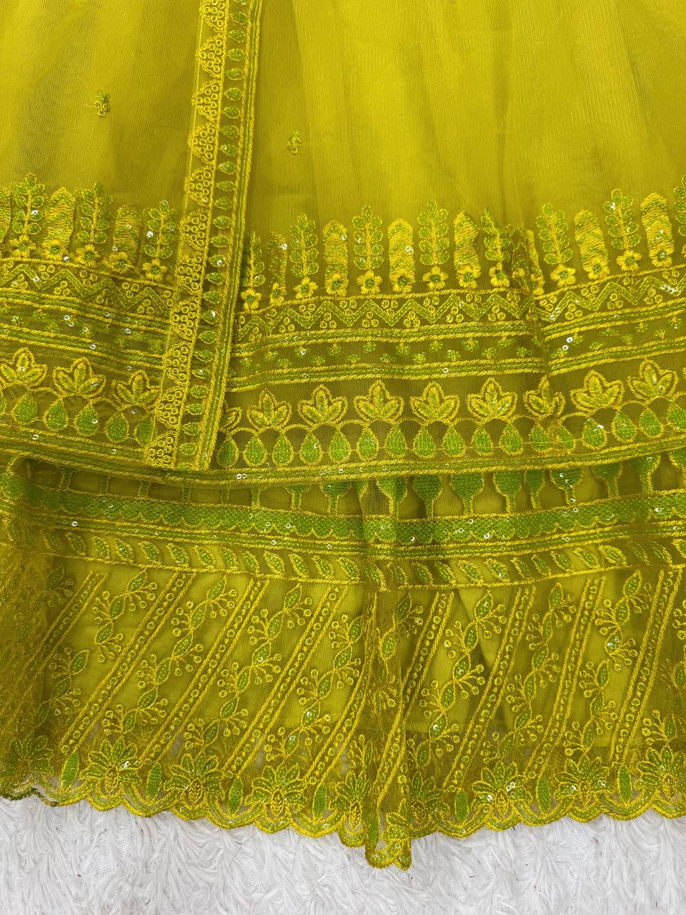 Sangeet Wear Lemon Yellow Color Premium Butterfly Net Thread Embroidery With Sequin Work Lehenga Suit