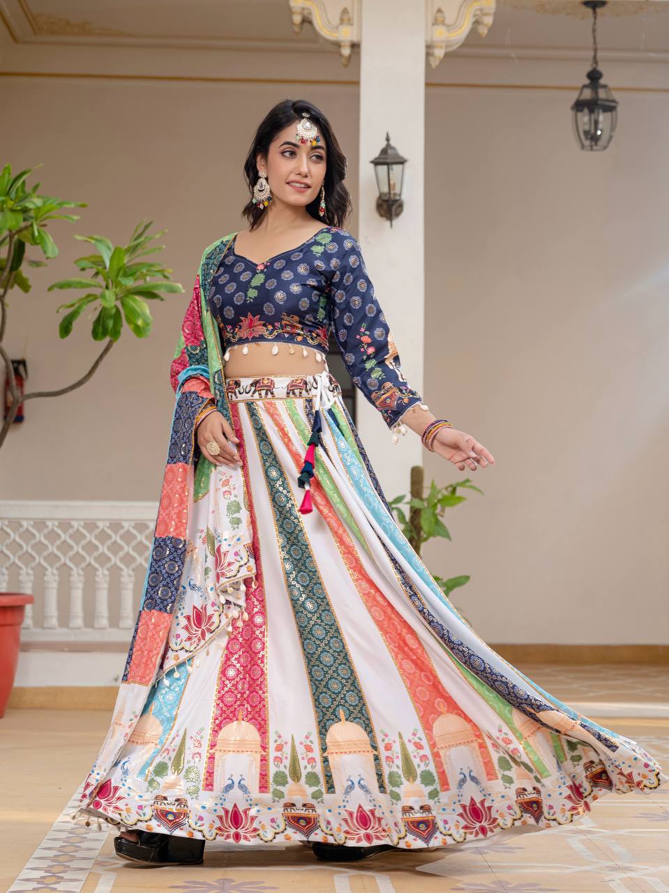 Navratri Wear Multi Color Premium Crepe Silk with Stunning Foil Print Work Beautiful Lehenga Choli