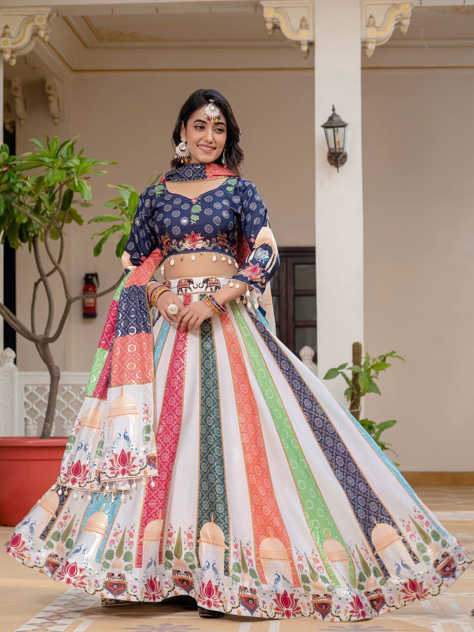 Navratri Wear Multi Color Premium Crepe Silk with Stunning Foil Print Work Beautiful Lehenga Choli