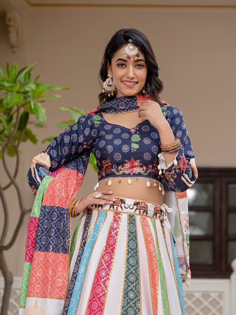 Navratri Wear Multi Color Premium Crepe Silk with Stunning Foil Print Work Beautiful Lehenga Choli