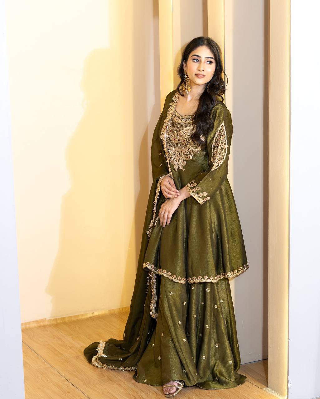 Party Wear Green Color Heavy Simar Silk And Embroidery With Sequence Work Designer Sharara Suit