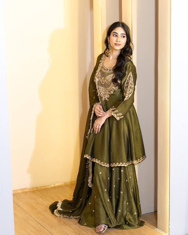 Party Wear Green Color Heavy Simar Silk And Embroidery With Sequence Work Designer Sharara Suit