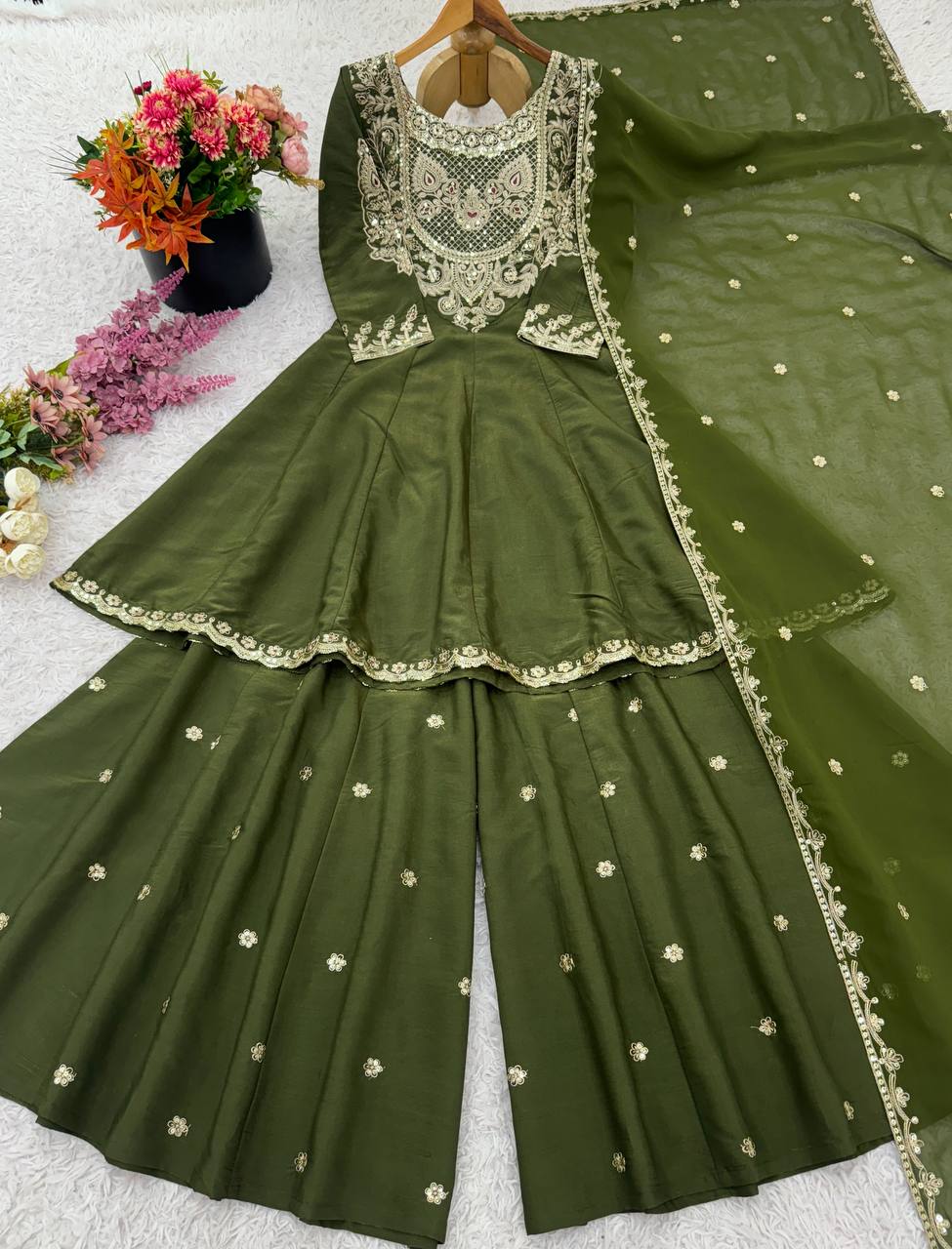 Party Wear Green Color Heavy Simar Silk And Embroidery With Sequence Work Designer Sharara Suit