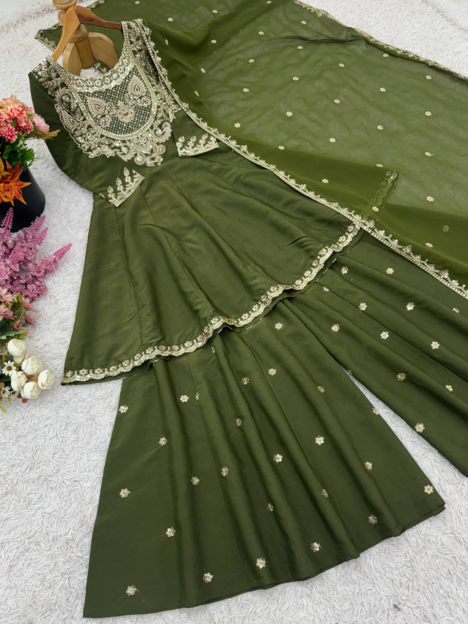 Party Wear Green Color Heavy Simar Silk And Embroidery With Sequence Work Designer Sharara Suit
