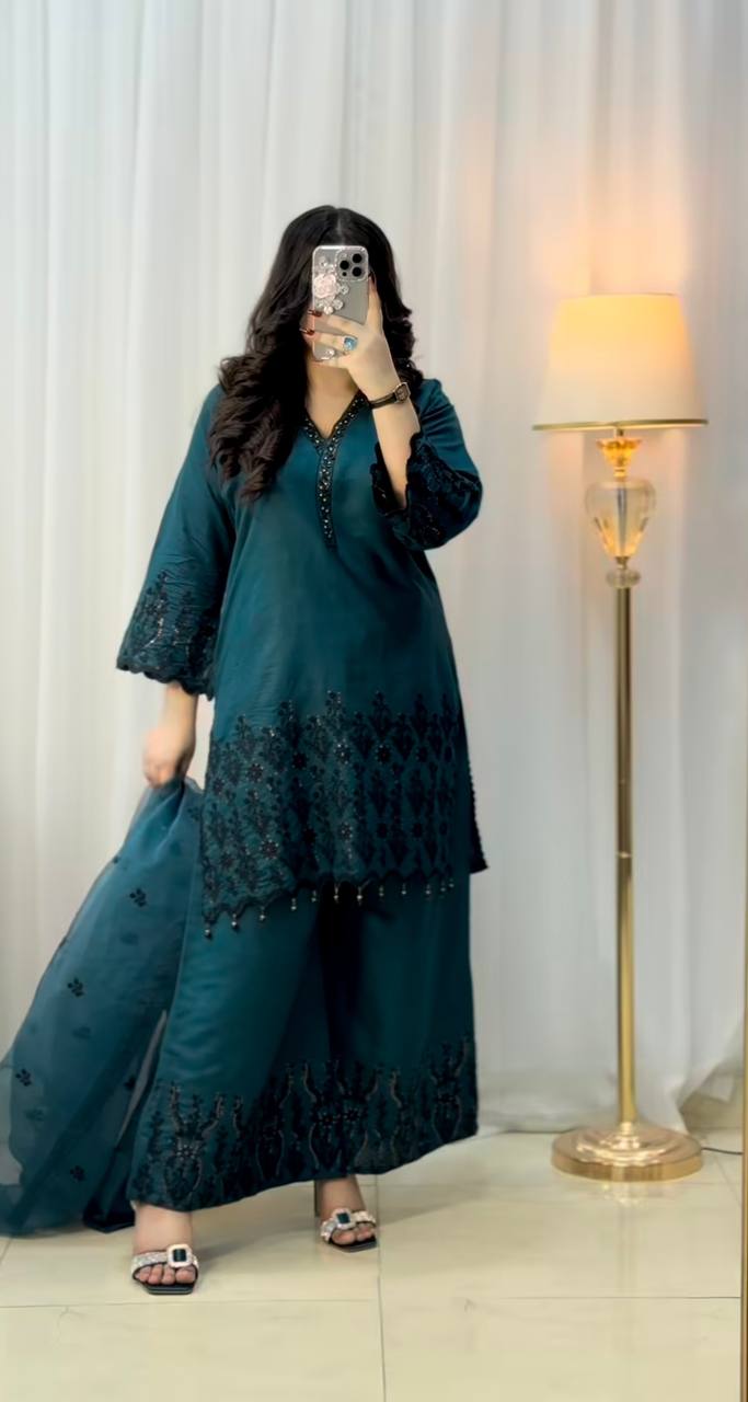 Ceremony Wear Teal Green Color Vichitra Silk With Beautiful Embroidery Sequin Work Palazzo Suit