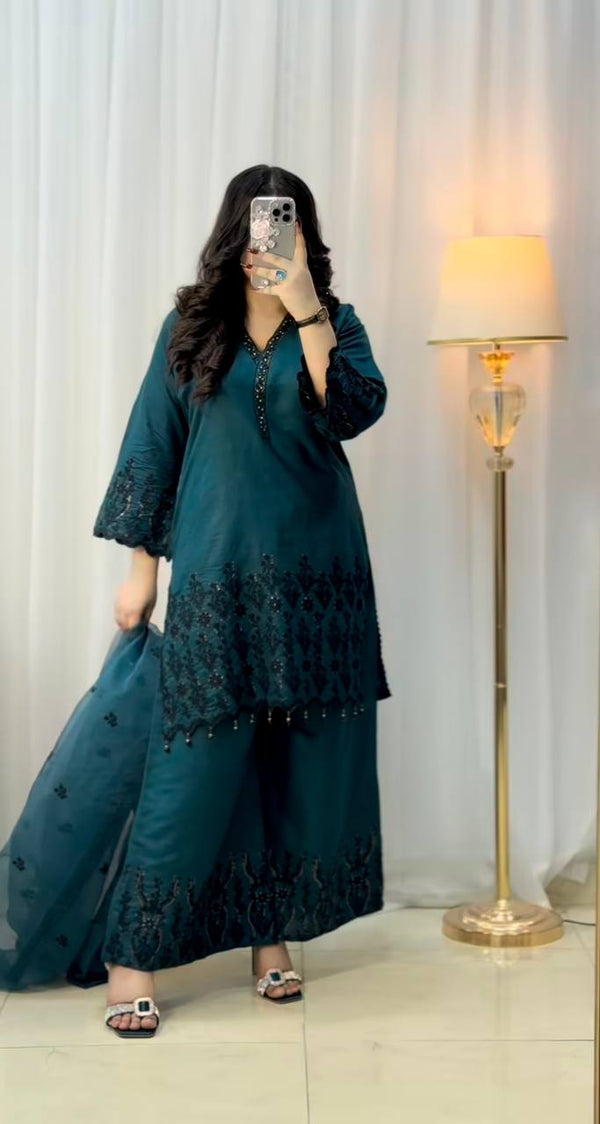 Ceremony Wear Teal Green Color Vichitra Silk With Beautiful Embroidery Sequin Work Palazzo Suit
