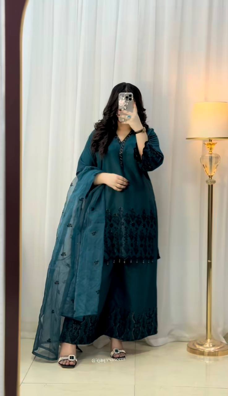 Ceremony Wear Teal Green Color Vichitra Silk With Beautiful Embroidery Sequin Work Palazzo Suit